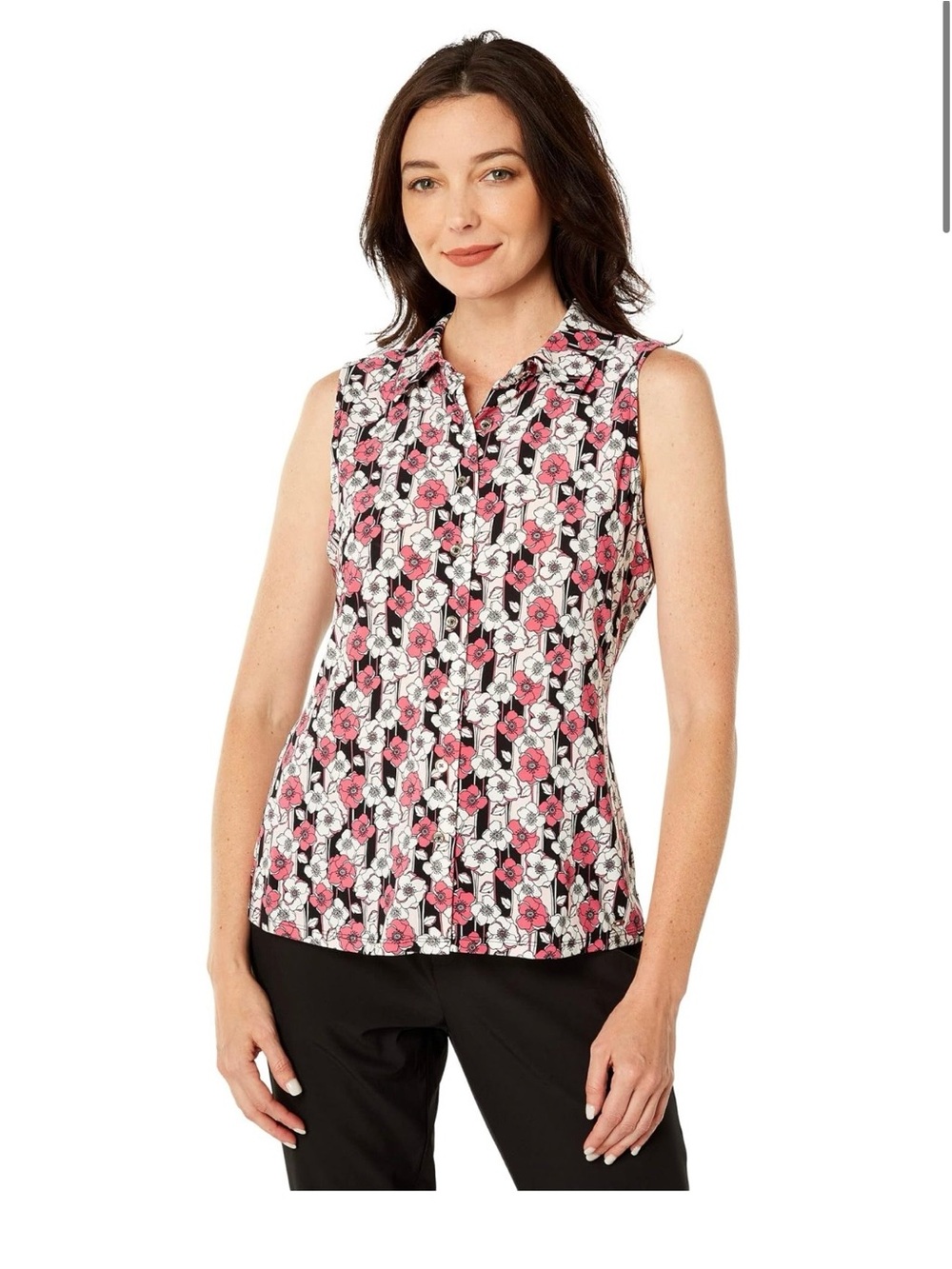 Tommy Hilfiger Pink and Black Floral Sleeveless Button-Up Top - Sz L - EUC